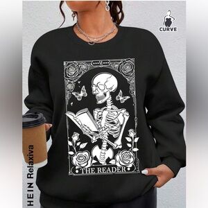 Relaxiva Plus Size Women's Skeleton Print Crew Neck Long Sleeve Sweatshirt